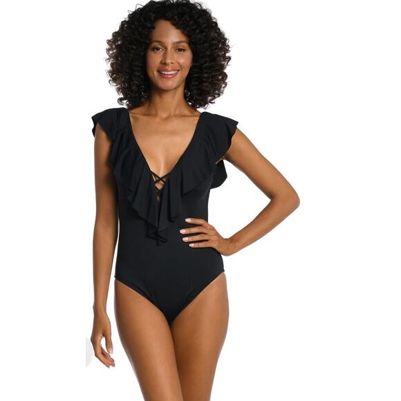 La Blanca Island Goddess Ruffle Plunge One Piece - Size 16 NEW - Picture 2 of 11